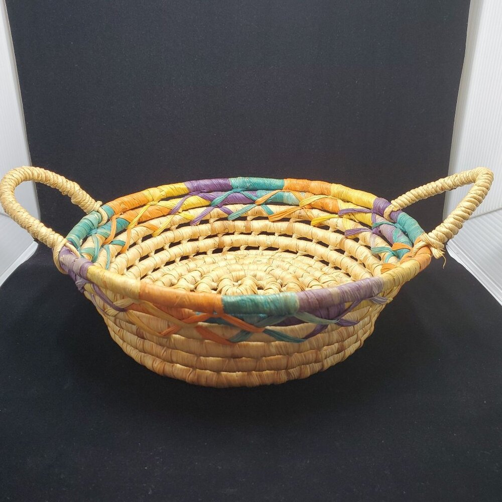 Vintage Woven Wicker Rattan Basket Round Two Handles 9"